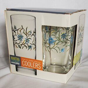 NIB! Martha Stewart 4 Piece Drinkware Set-Beautiful Blue Posies Pattern. Vintage
